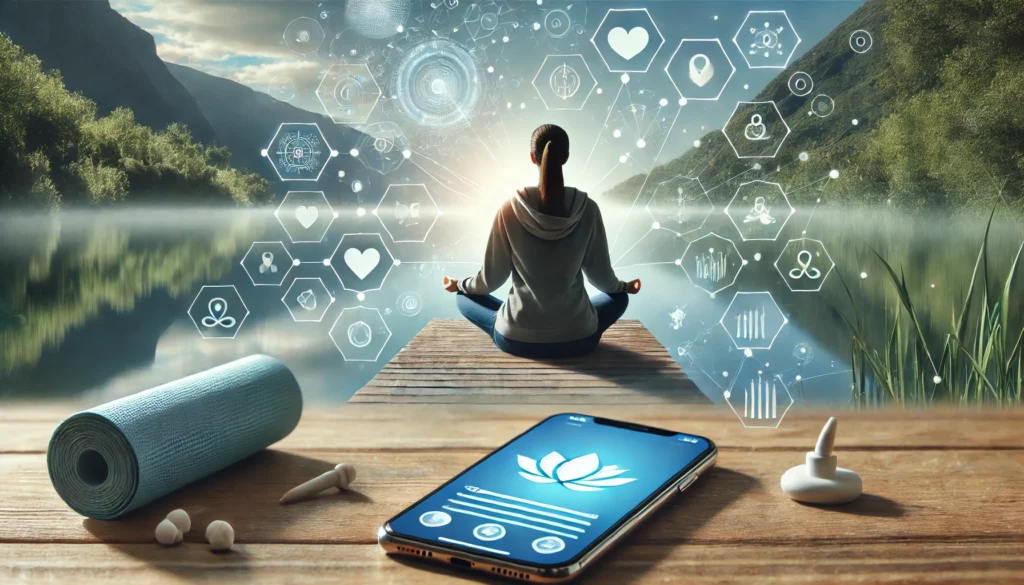 A smartphone displaying a breathing exercise app near a calm lake. A person practices mindful breathing, with floating visual elements representing relaxation, deep breathing, and inner balance.
