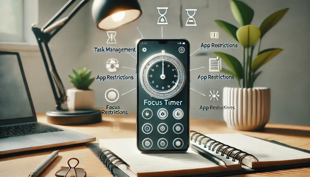 A minimalist workspace featuring an Android smartphone running a focus timer app. The desk setup includes a notebook, a desk lamp, and an open laptop, with floating visual elements symbolizing task management, app restrictions, and focus-enhancing tools.