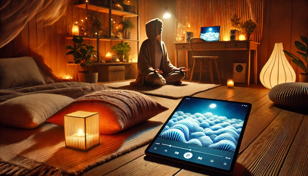 A cozy home meditation space with soft pillows, warm lighting, and a digital device displaying a guided meditation playlist. Floating ambient waves illustrate deep relaxation and mindfulness.