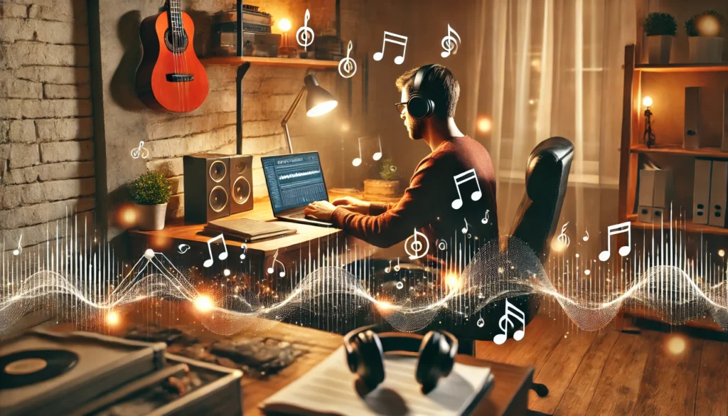 A cozy home office where a person works on a laptop while listening to music through headphones. Floating musical notes and sound waves visually represent the music’s impact on focus and efficiency. The setting includes warm lighting, a neatly organized desk, and a calming atmosphere for productivity.
