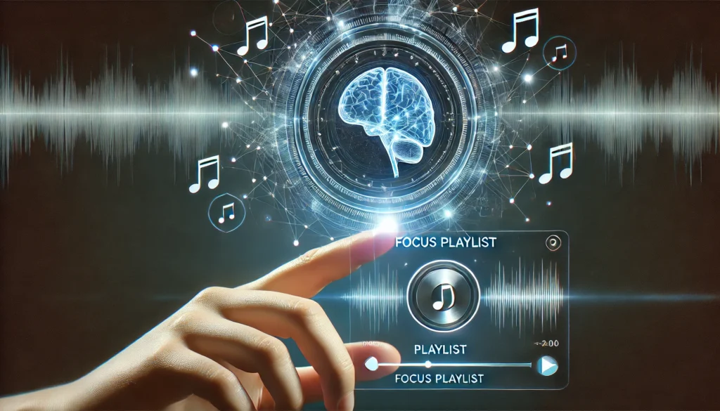 A glowing digital interface showcases a focus playlist being created, hovering in a dark ambient background. Sound waves and neural connections symbolize music’s role in enhancing concentration and deep work.