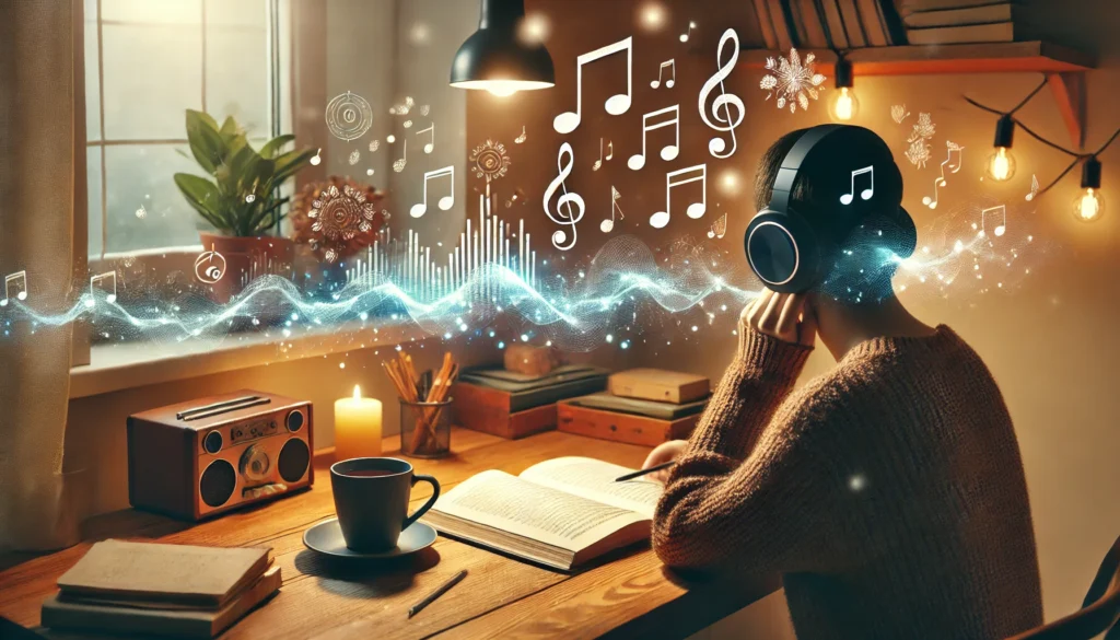 A cozy home study setup where a person listens to calming study music on wireless headphones. Floating sound waves and musical notes represent the soothing melodies aiding concentration. The setting includes a wooden desk, an open book, a warm cup of tea, and soft ambient lighting.