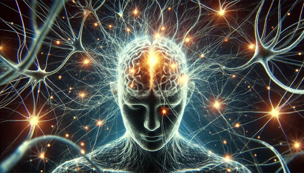 A visually striking depiction of neurons firing in the human brain, illustrating neuroplasticity with glowing synapses forming new pathways to reinforce memory and learning.