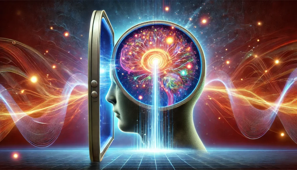 A surreal depiction of a person’s head opening like a vault, revealing a glowing neural network inside. Vibrant energy waves and floating light orbs represent enhanced cognitive function, memory retention, and brain training.