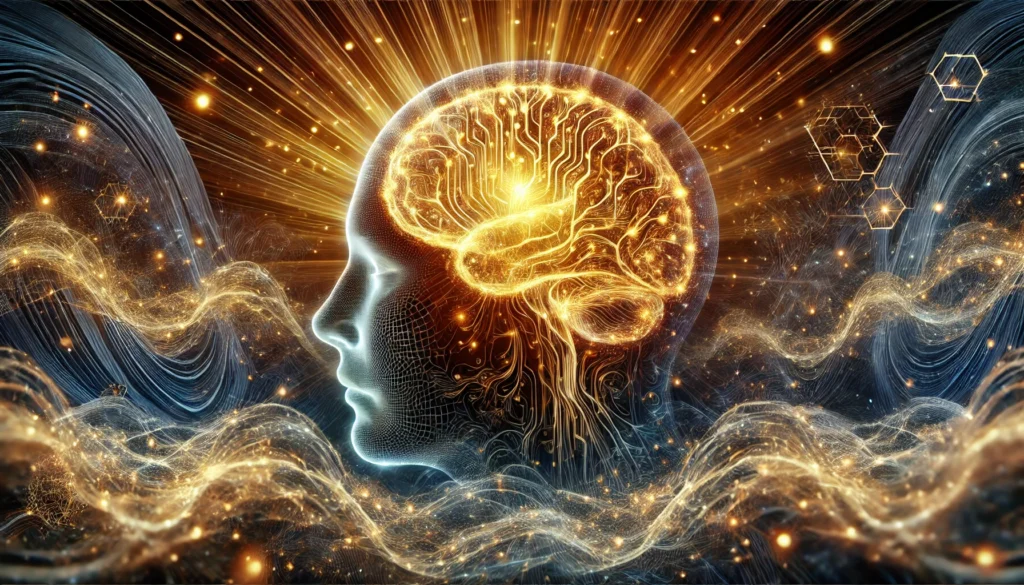 A conceptual artwork of a human head with illuminated neural pathways in golden light, depicting enhanced memory recall and brain function in a futuristic abstract setting.