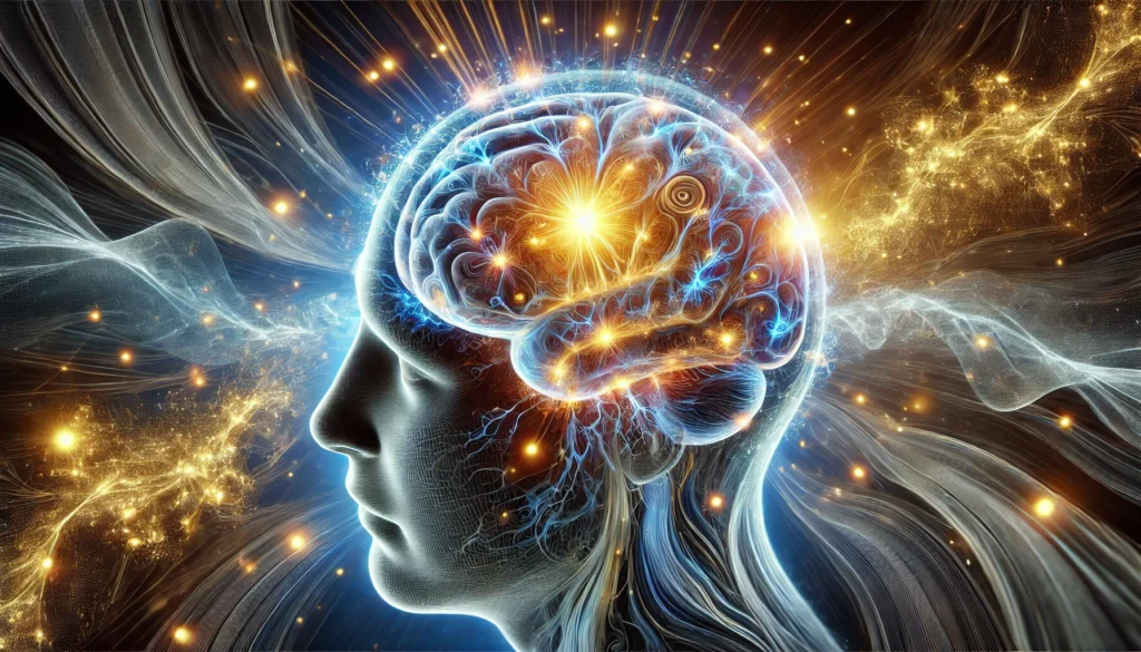 "An artistic depiction of a regenerating human brain forming new neural connections. Electric-blue and golden light trails symbolize neuroplasticity, cognitive recovery, and memory recall in a dynamic, abstract atmosphere."