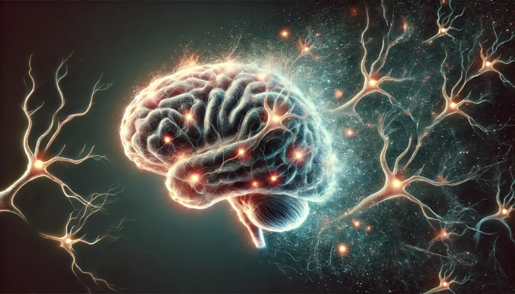 A surreal depiction of brain cell loss, with neurons fading and dissolving into the background, symbolizing cognitive decline. The contrast between healthy, glowing neural connections and dimming, disappearing neurons highlights the effects of brain cell death.