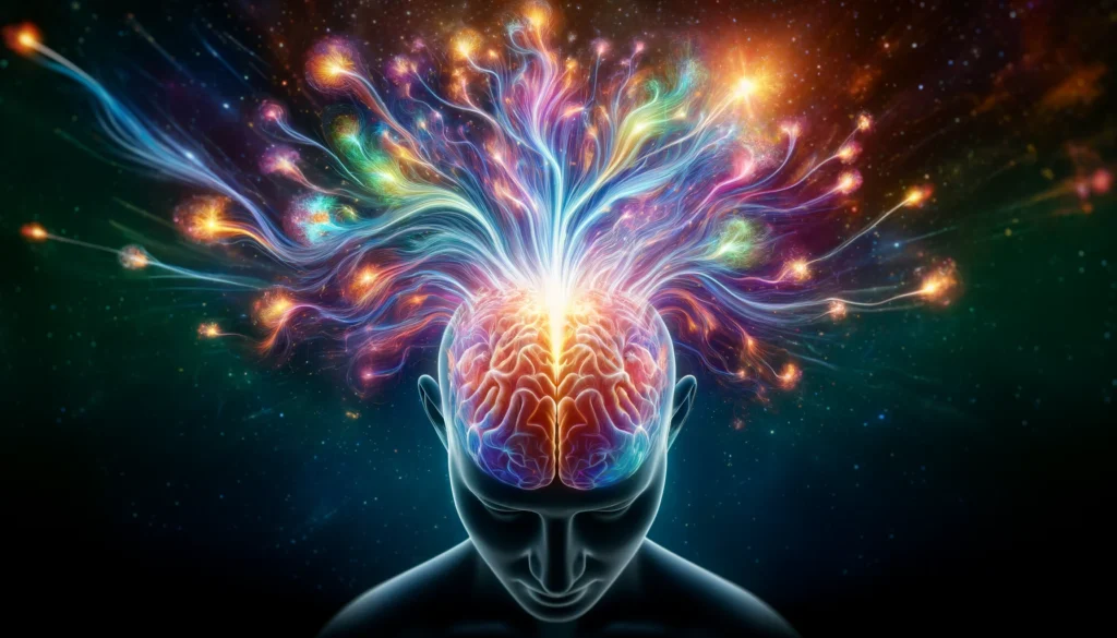 An artistic, surreal representation of a human brain radiating energy waves, with glowing neural pathways branching outward like a tree of knowledge, set against a cosmic abstract background.