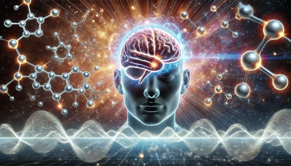 A conceptual visualization of brain waves radiating outward from a glowing human brain, representing electrical signals and cognitive processes. A futuristic depiction of supplement molecules integrates with neural activity, showcasing their impact on mental performance, against a cosmic energy field backdrop.