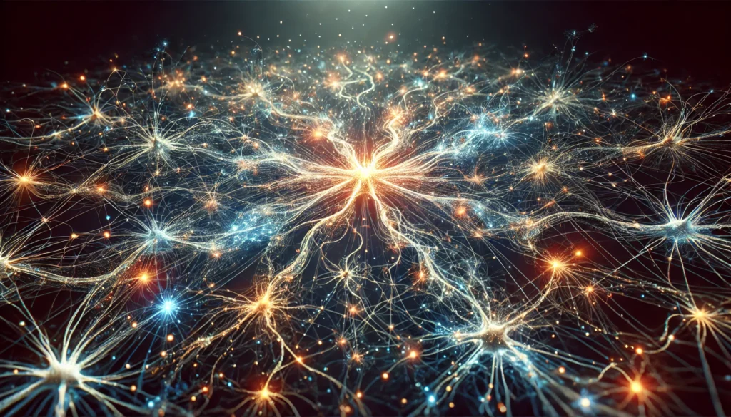 A conceptual visualization of neurons in the human brain, depicting a vast network of glowing synapses interconnected like a cosmic web. The design conveys the immense scale of neural complexity with a blend of science and art.