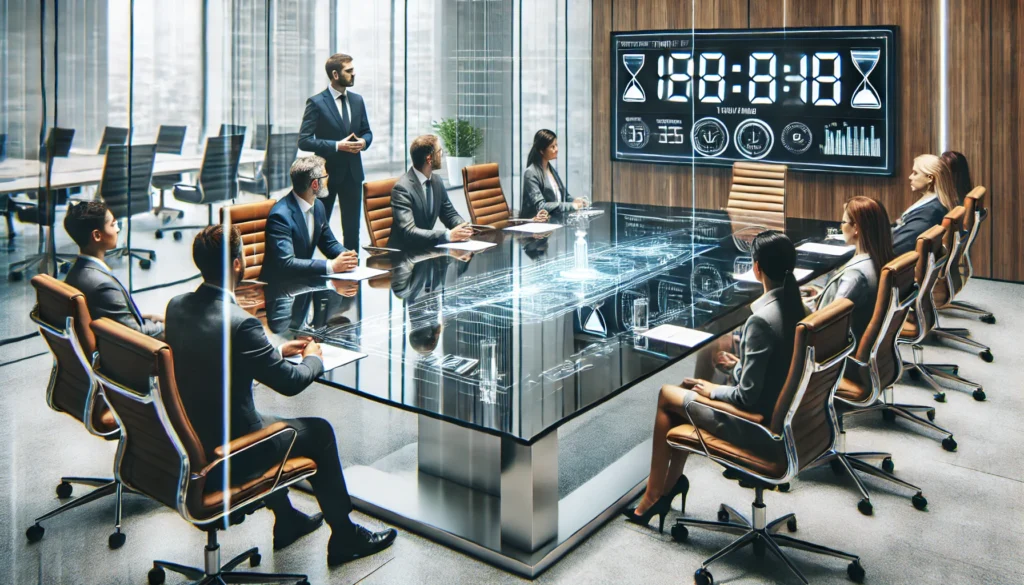 A high-tech conference room with professionals focused on a time-managed meeting. A digital timer on the table ensures efficiency while participants attentively engage in a structured discussion."