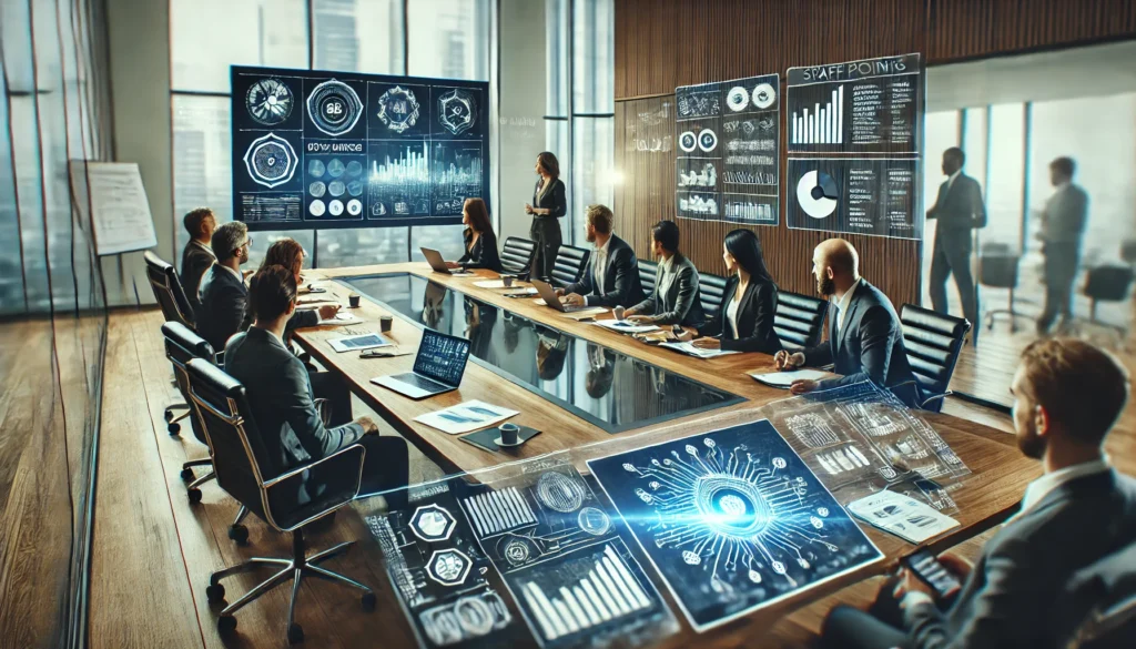 A high-tech conference room where professionals are engaged in a strategic staff meeting, utilizing a digital whiteboard and video conferencing screen. Participants are collaborating effectively.
