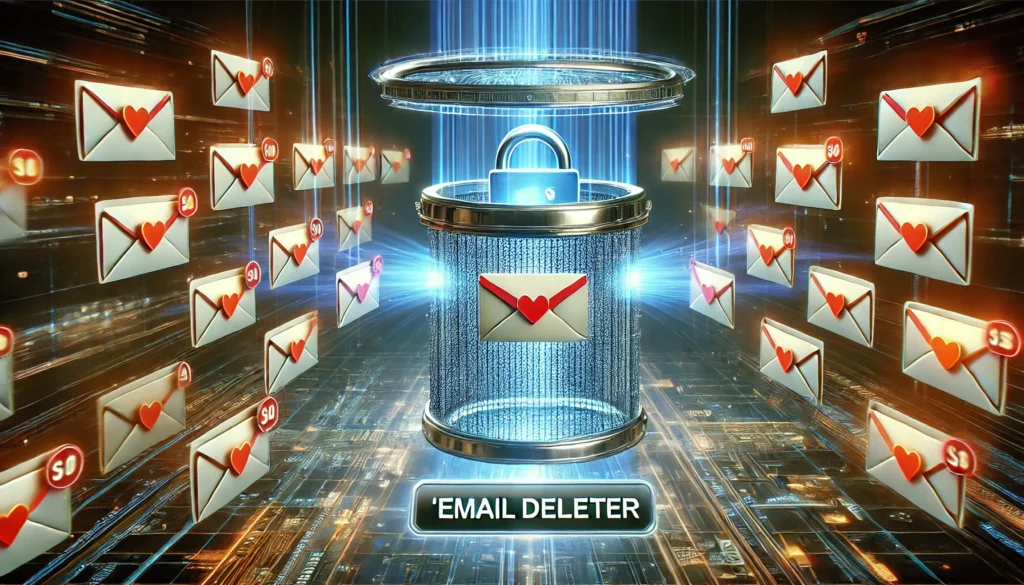 "A high-tech digital visualization of an 'email deleter' blocking junk mail and securing a Gmail inbox, featuring advanced spam detection and AI-powered email filtering."