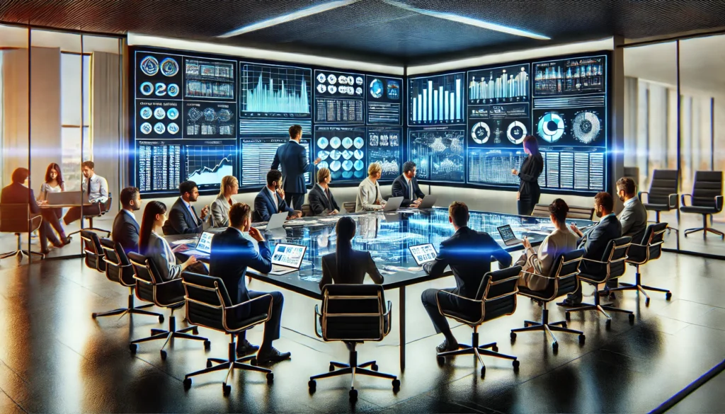 "A high-tech conference room where professionals collaborate using digital tools, showcasing an effective strategy for how to conduct productive meetings."