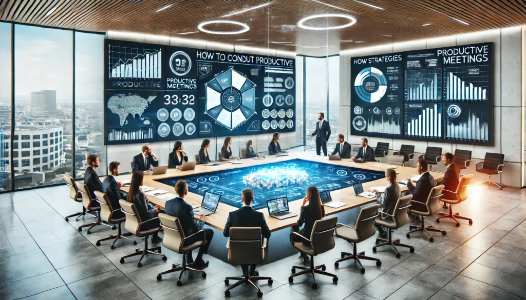 Professionals interacting with digital displays, fostering a structured yet dynamic meeting environment.