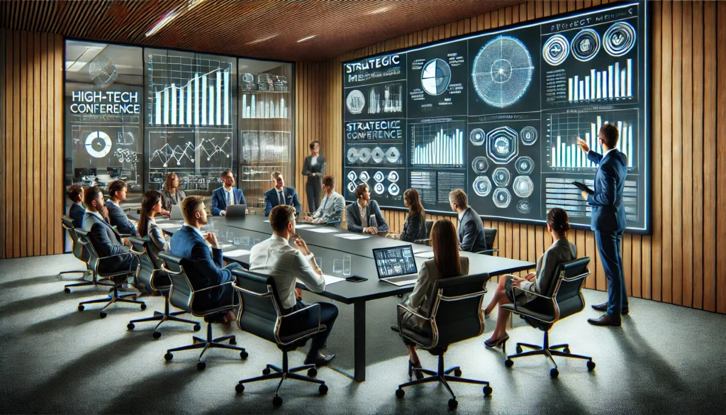 A high-tech conference room where professionals are engaged in a strategic and productive meeting. The team members are attentively discussing key agenda points, with a presenter standing near a large interactive screen, showcasing data and project plans. The environment is modern and sophisticated, emphasizing structured communication and efficient decision-making.