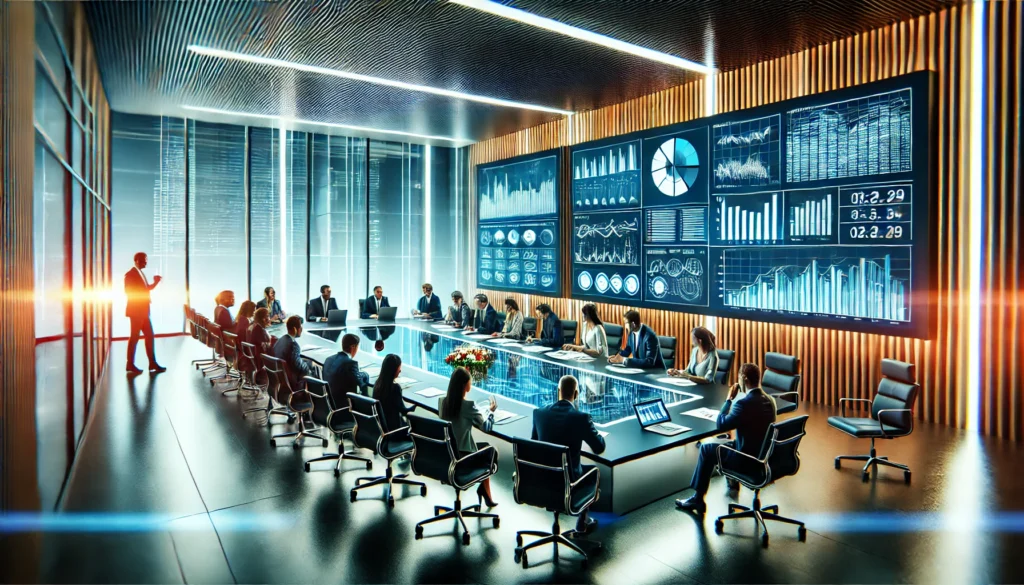 "A high-tech conference room where professionals are conducting a structured and productive meeting. A large digital screen displays data as team members collaborate and strategize efficiently."