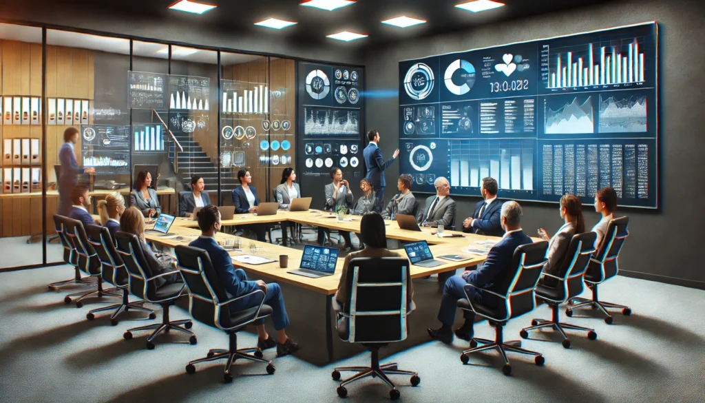 A high-tech conference room where professionals are conducting a well-structured and engaging business meeting. The space features a large digital screen with analytics, a smartboard for brainstorming, and participants actively contributing ideas. The atmosphere emphasizes efficiency, collaboration, and a professional approach to productive meetings.