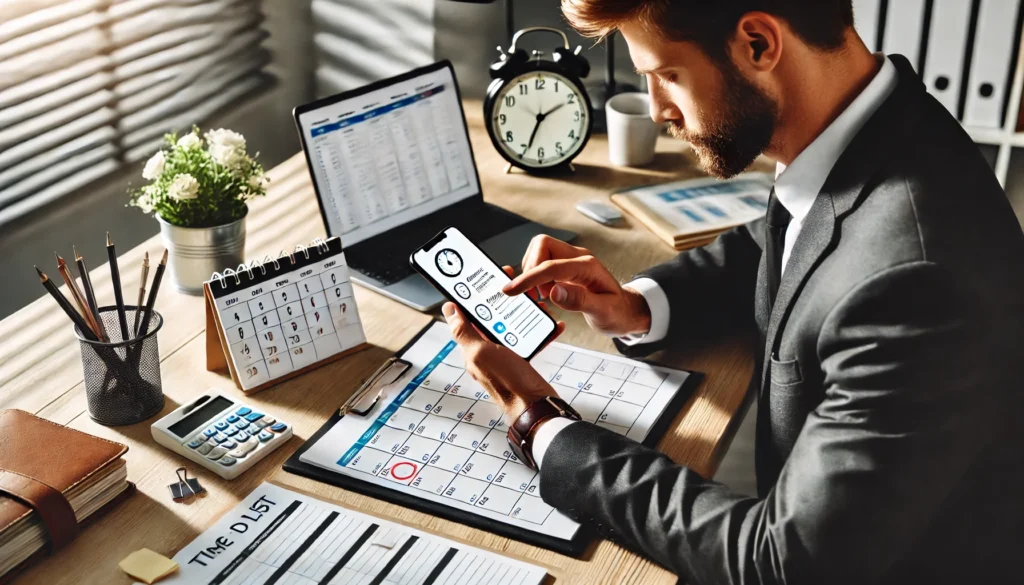 Demonstrating the use of digital tools for productivity in a neatly arranged workspace.