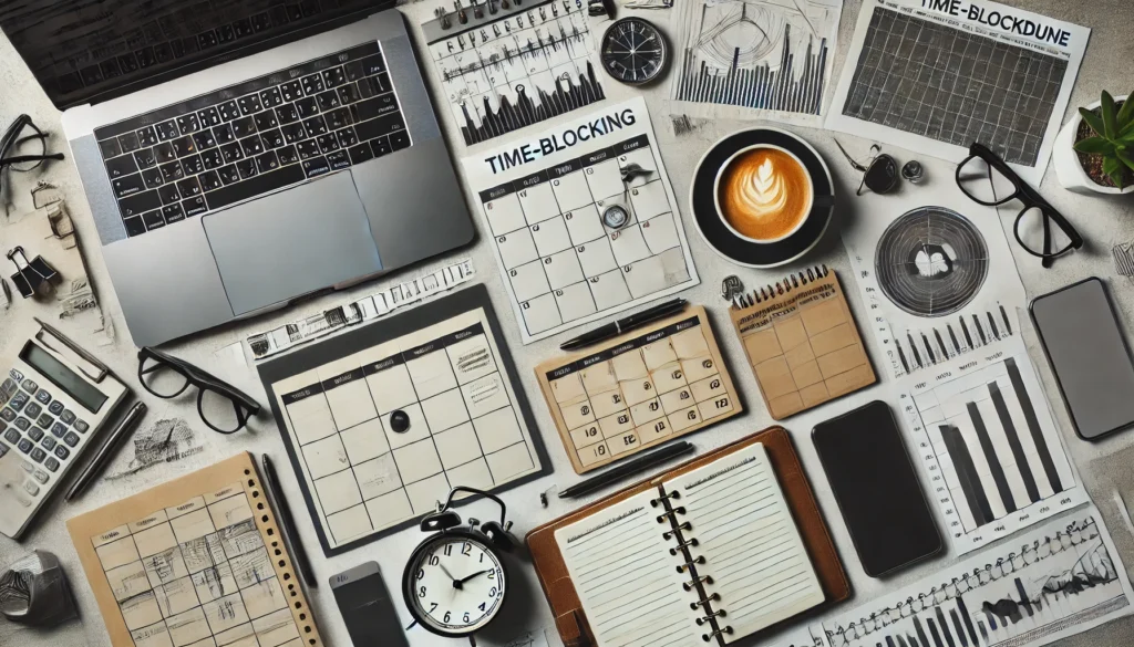 "An overhead view of a well-organized workspace with a time-blocking schedule on a desk, featuring a laptop, notebook, coffee cup, and an analog clock. The setting emphasizes structured work habits and time management techniques."