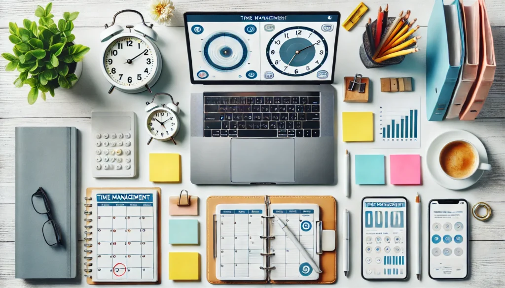 An overhead view featuring a digital planner, sticky notes, a clock, and a laptop displaying a time management dashboard.