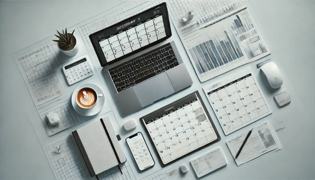 An overhead view of a well-organized workspace featuring a digital calendar, laptop, coffee cup, and notebook. featuring a digital calendar, laptop, coffee cup, and notebook.