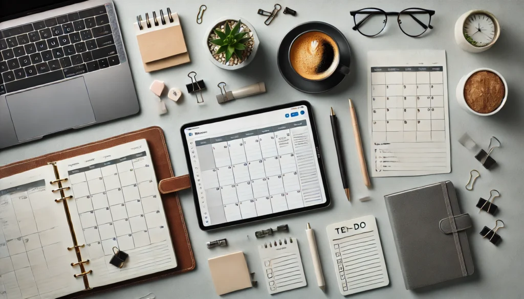 Featuring a digital planner on a tablet surrounded by stationery and a to-do list, symbolizing efficiency.
