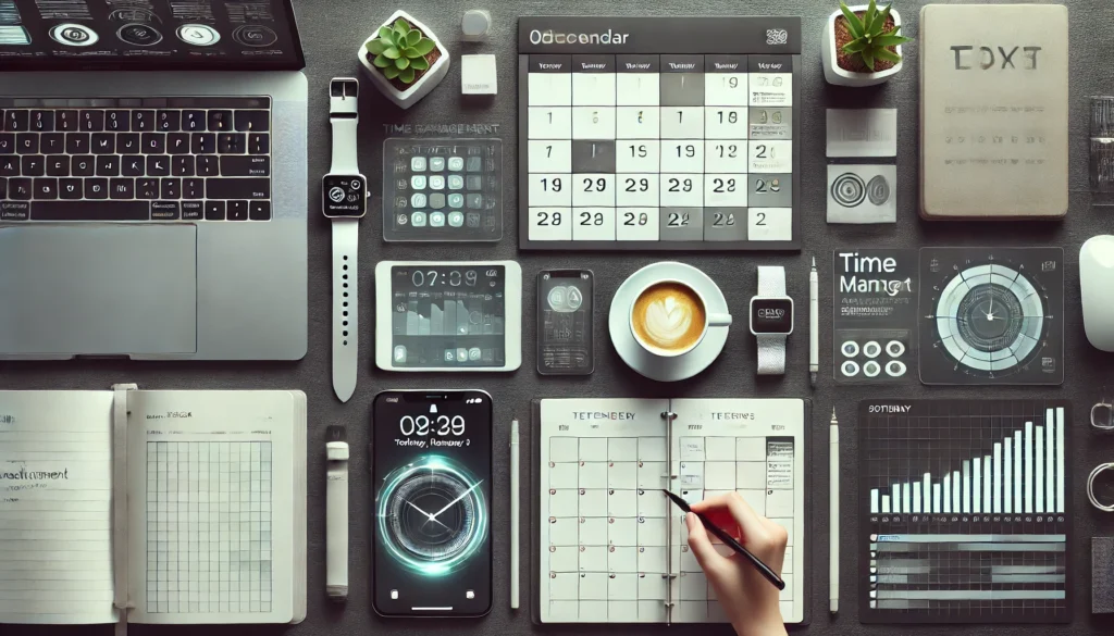 showcasing a digital calendar, a task list, and productivity tools such as a smartphone and a smartwatch. The clean and minimalistic design highlights focus and efficiency in managing time.