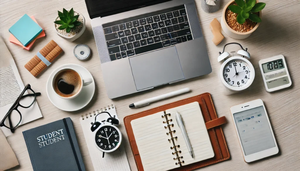 "An overhead view of a well-organized student workspace featuring a Pomodoro timer, a laptop, notebooks, and a cup of coffee. The setting promotes focus, productivity, and effective time management strategies, designed for studying efficiently."