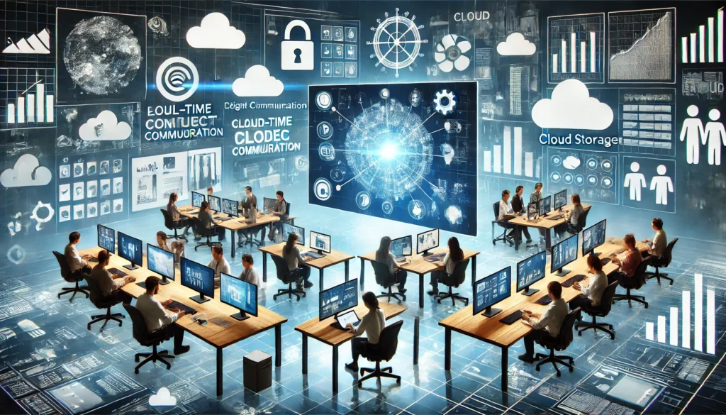 A dynamic workspace featuring multiple screens with real-time communication, cloud storage, and project tracking tools. Team members work on synchronized devices, symbolizing seamless productivity and collaboration.