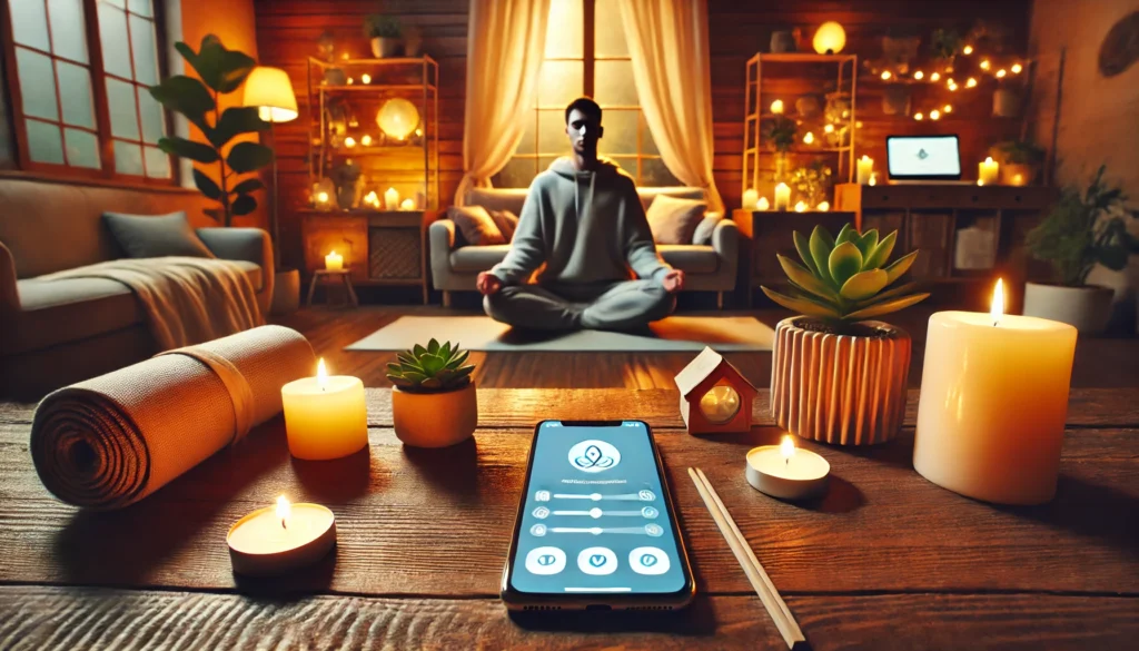 A smartphone displaying a guided meditation app in a cozy room with warm lighting. A person sits in a relaxed pose with eyes closed, surrounded by candles and plants, emphasizing mindfulness and stress reduction.