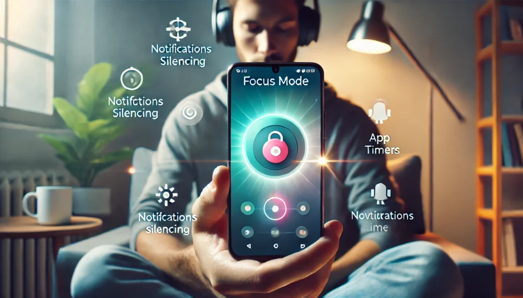 A quiet, distraction-free environment where an Android phone with Focus Mode activated is placed beside a person wearing headphones. Floating icons around the phone represent notification silencing, app timers, and concentration tools.