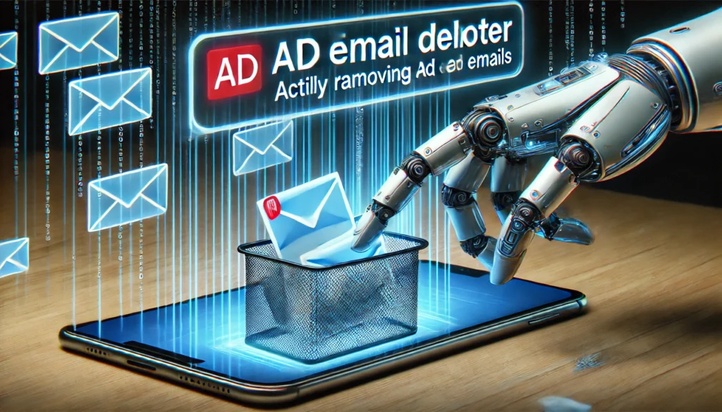 "A futuristic AI-powered email deleter tool actively scanning and removing ad emails, showcasing automation and efficiency in email management."