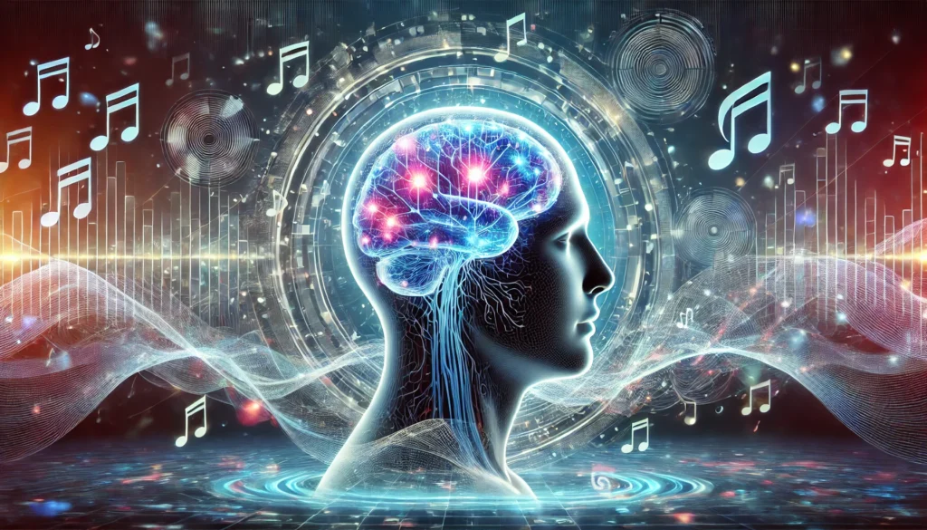 A futuristic digital concept illustrating how music enhances brain activity. A human head with glowing neural connections is surrounded by flowing sound waves and musical notes, symbolizing improved focus, memory, and cognitive efficiency.