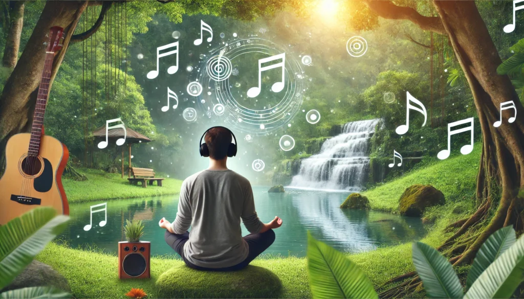 A person listens to a relaxing playlist on wireless headphones in a serene outdoor setting. The background features a waterfall, lush greenery, and floating musical notes representing soothing meditation sounds.