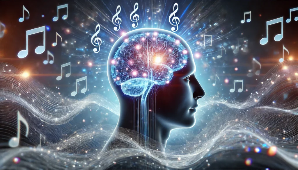 A futuristic digital representation of music stimulating brain activity. A glowing human head with neural connections illuminated by flowing musical waves. The abstract background blends cool blue and purple tones, symbolizing enhanced cognitive function, focus, and efficiency through music.