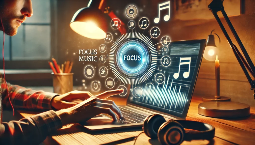 A cozy workspace where a person is curating a focus music playlist on a laptop. Floating sound waves and musical notes represent a personalized listening experience. The setting includes a warm desk lamp, headphones, and a distraction-free environment.