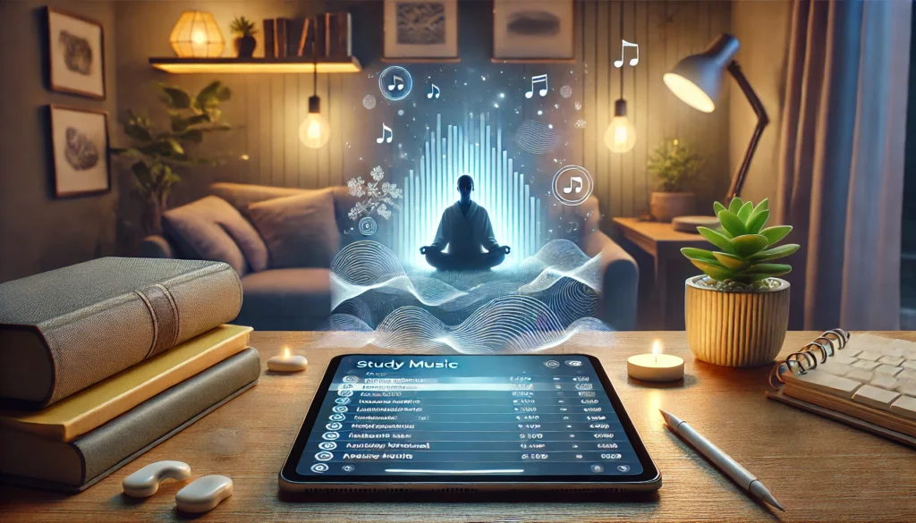 A tranquil digital music interface displaying a calming study music playlist. A tablet or smartphone screen showcases an organized list of ambient and instrumental tracks, surrounded by floating sound waves. The background features a cozy study area with soft lighting.