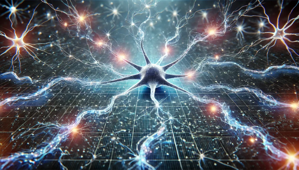 A futuristic visualization of a neuron firing, with electric currents traveling along axons and synapses, symbolizing the dynamic process of neural communication and memory formation.
