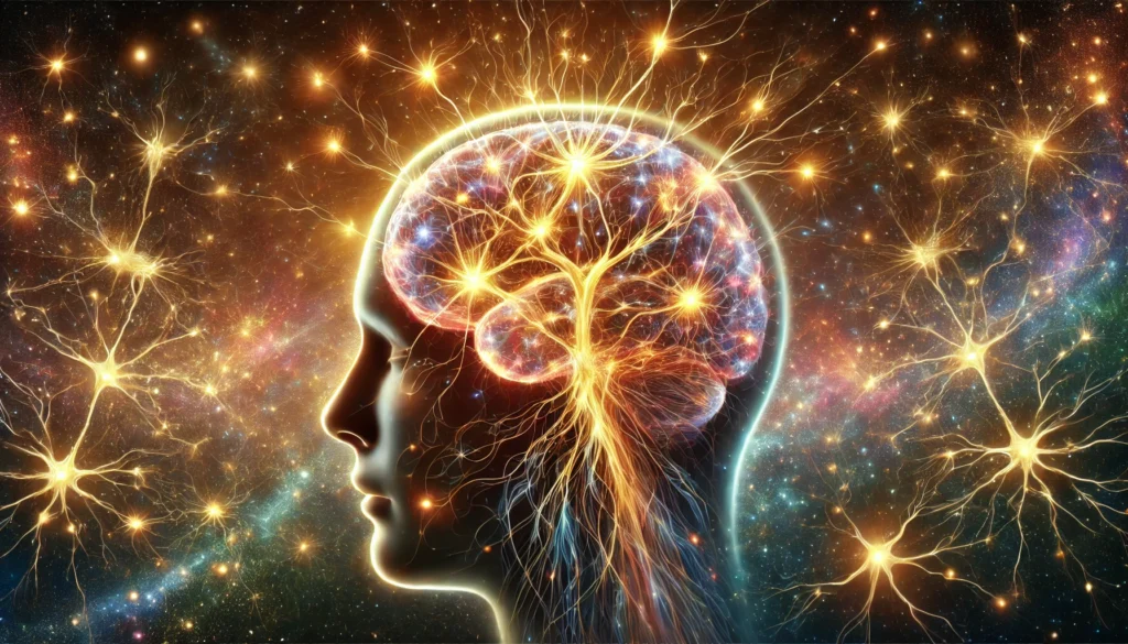 A human brain illuminated in golden light, showing dynamic neural connections evolving amidst a cosmic nebula, symbolizing limitless cognitive potential.