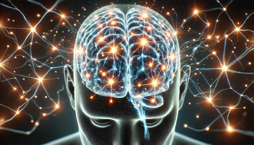 An abstract representation of a human brain illuminated with electric synapses firing in a network, visualizing cognitive stimulation and brain training. Neural pathways light up, symbolizing enhanced memory and recall.