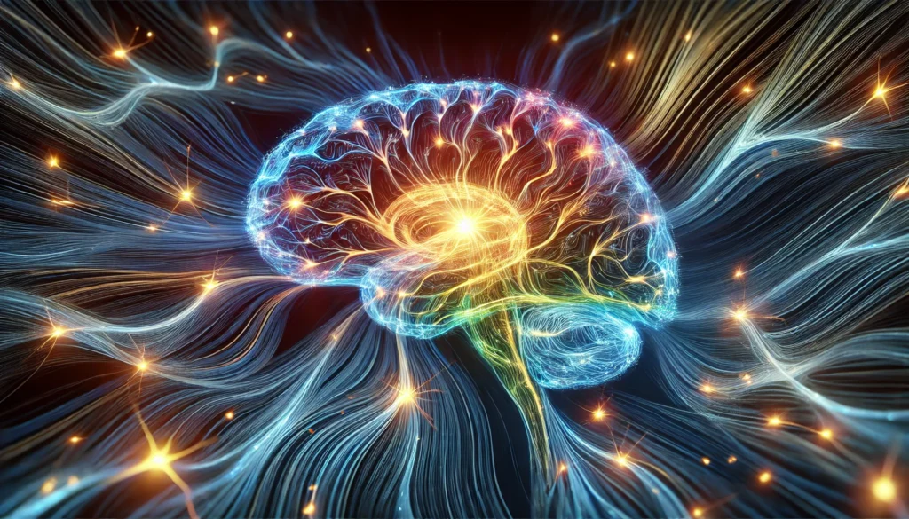 An artistic visualization of neural pathways glowing with bioelectric energy, representing brain change and improved cognitive function