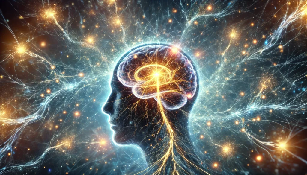 "A conceptual illustration of neuroplasticity, depicting a human brain connected by glowing, branching neural pathways. The electric-blue and gold energy streams symbolize cognitive enhancement, memory recall, and brain healing."