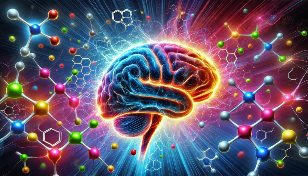 An artistic depiction of a human brain with electric currents running through its neural network. Surrounding the brain are vibrant molecular structures symbolizing health supplements, enhancing cognitive function. The background features deep blue and neon hues, representing energy and mental clarity.