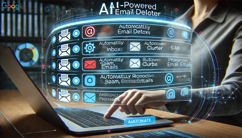 A futuristic AI-powered email deleter tool actively organizing a Gmail inbox, automatically sorting and removing spam, clutter, and promotional emails.