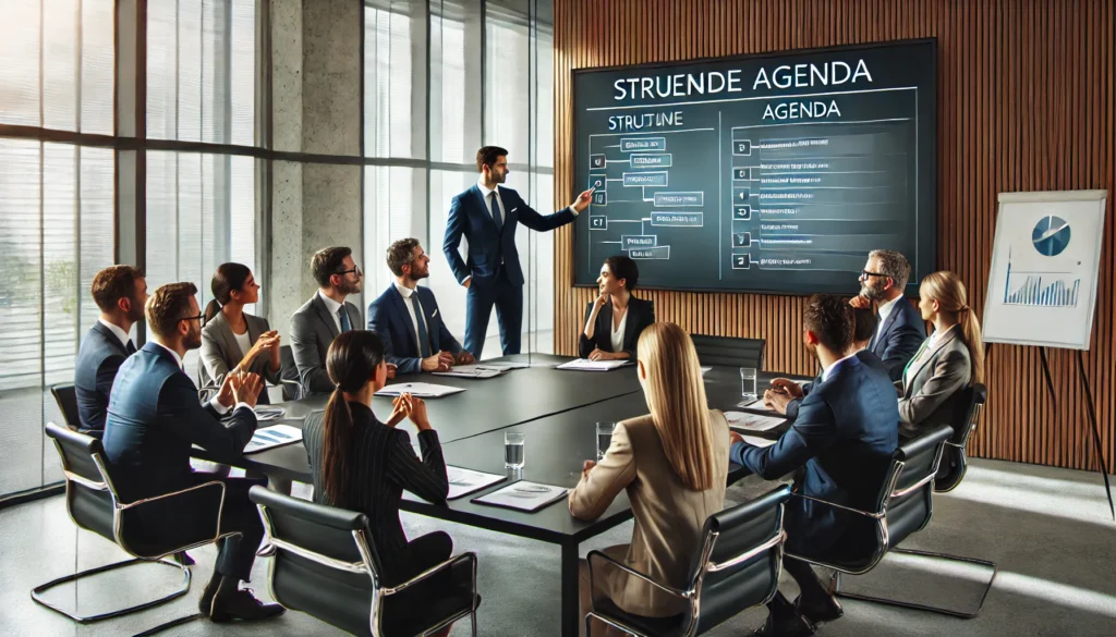 "A modern corporate meeting room where professionals conduct a structured and efficient discussion, led by a confident facilitator. Participants are actively engaged, taking notes and contributing to the discussion."