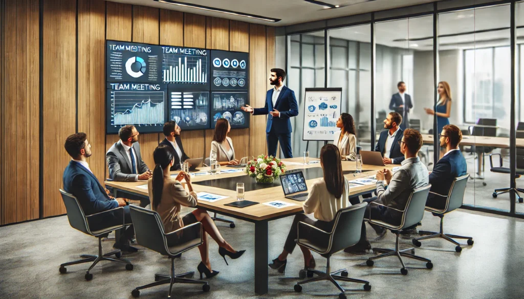 A modern corporate meeting room with a diverse group of professionals engaged in a highly interactive team meeting. The facilitator is encouraging participation while team members contribute actively through discussion and digital collaboration tools. The setting includes a large conference table, a digital whiteboard displaying charts, and a projector screen.