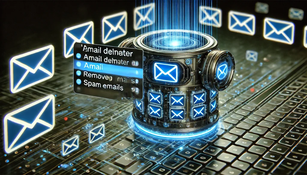 "A futuristic AI-powered 'email deleter' scanning a Gmail inbox, removing spam emails in real-time with glowing email icons being filtered and categorized."
