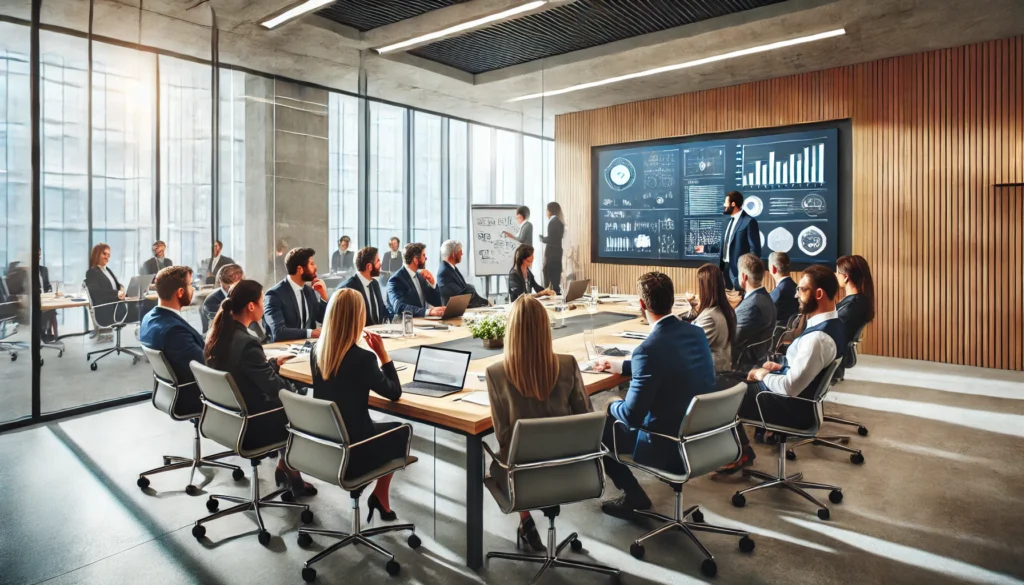 "A modern corporate meeting room with a diverse group of professionals engaged in a productive discussion, demonstrating best practices for how to conduct productive meetings."