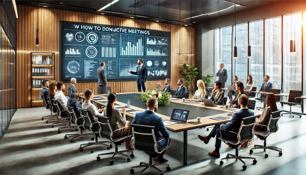 A diverse group of professionals actively engaged in a discussion, demonstrating effective strategies for conducting productive meetings.
